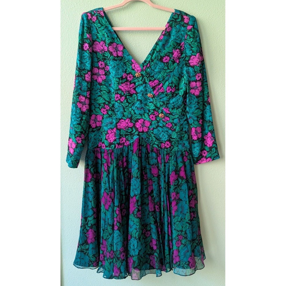 Richie Freeman for Teri Jon Silk Floral Drop Waist Dress Teal Magenta Vintage 12